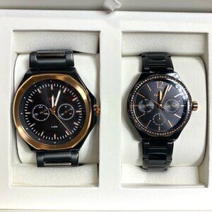His and Her Multifunction Black Stainless Steel Watch Set